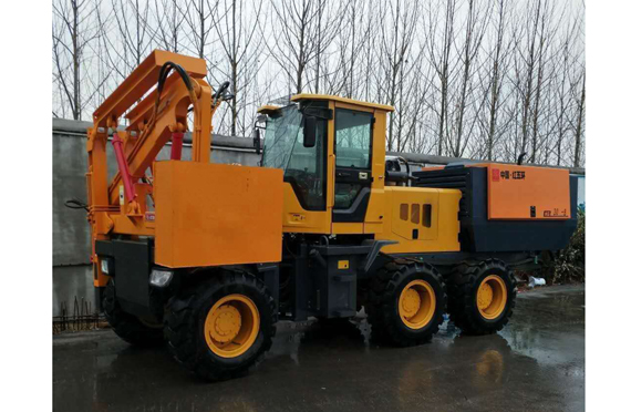 All-wheel-drive pile driving and soil drilling machine for concrete/ soil floor